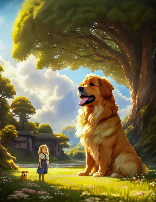 Block Ghibli Style Paint Depicting A Tiny Human Kid In Front...