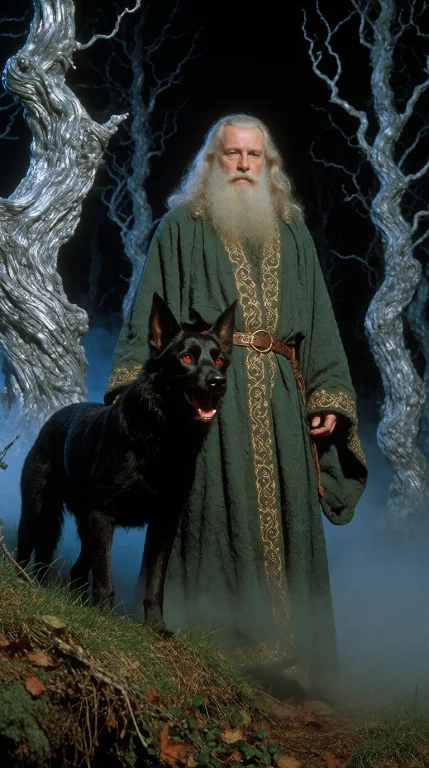 Dcdrkfntsy. Eye-level Medium Shot Of A Old Wizard In His 80s...