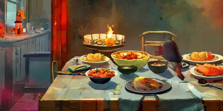 A Table Filled With Food, A Dinner Table With A Turkey Dinne...