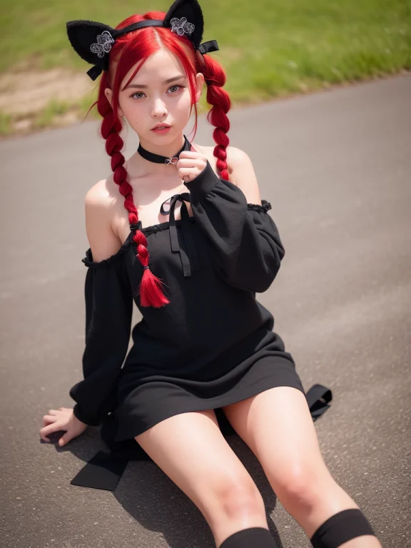 1girl, 18 Years Old, Red Hair, Green Dress, Black Cat Ears,...