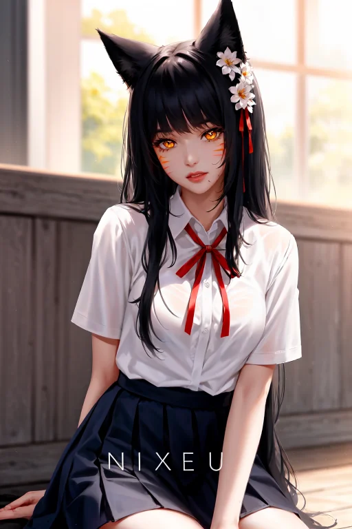 1girl, Animalears, Artistname, Bangs, Blackhair, Blackskirt,...