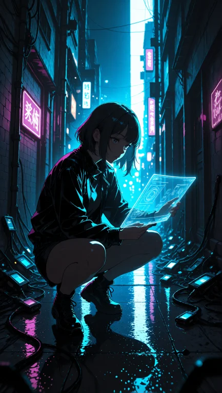 A Female Cyberpunk Hacker Wearing A Glossy Black Leather Jac...
