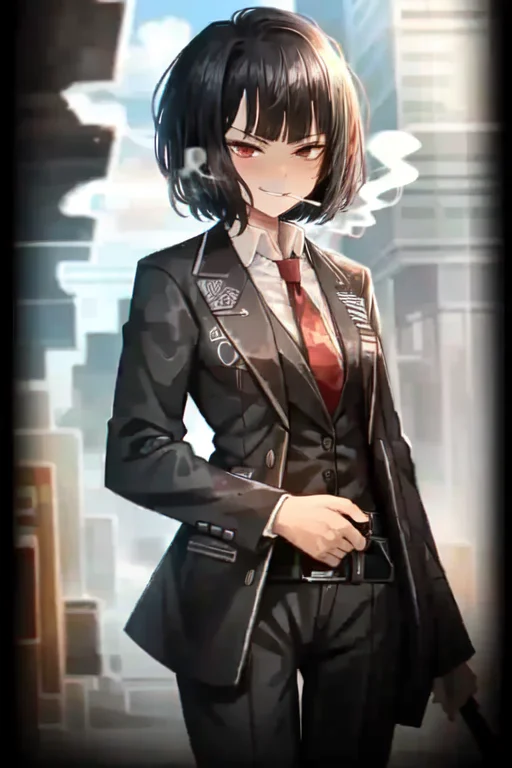 1girl, Solo, Dynamic Angle, Black Hair, Blunt Bangs, Red Eye...