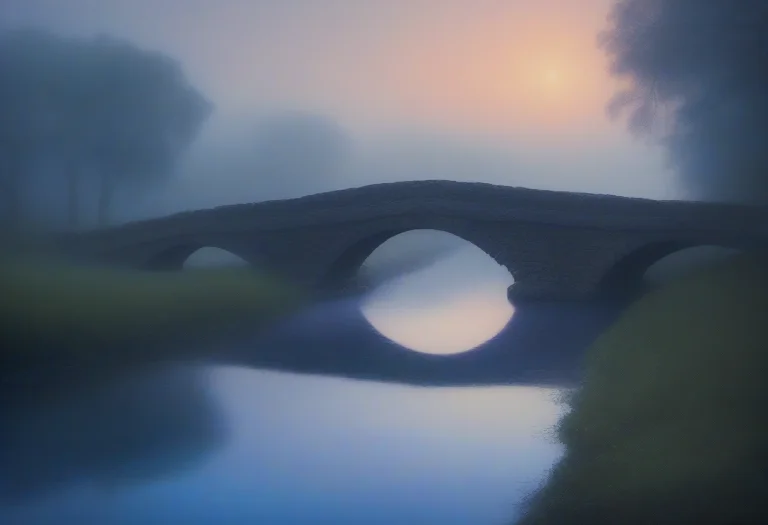 A Medieval Stone Bridge Over A Misty River, Blue Hour, Layer...