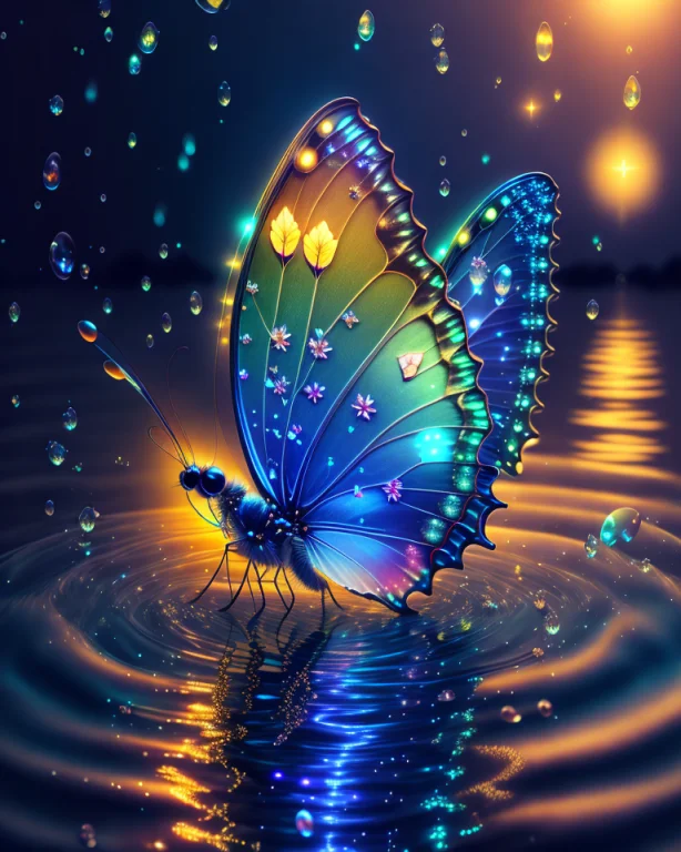 Bioluminiscent Butterfly On Water, Fireflies, 4k