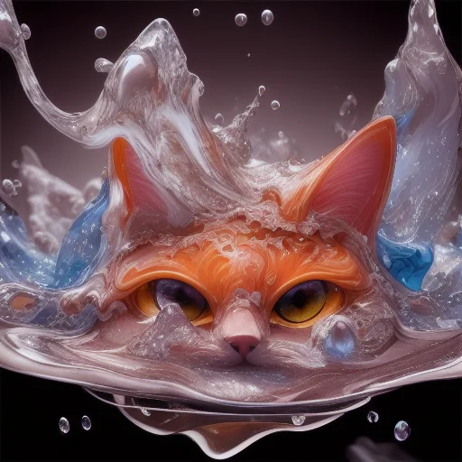 A Cat Made Of Liquid Splashes, Merging, Melting, Splashing,...