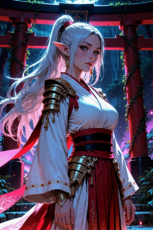 An Illustration Of An Elven Shrine Maiden With Long Pointed...