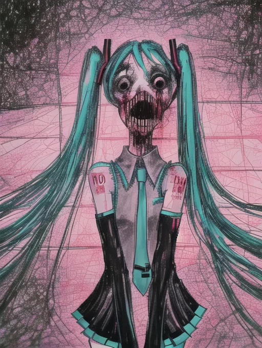 Madziowap, 1girl, Hatsune Miku, Jaggy Lines, Horror