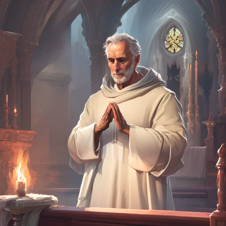 A Priest Praying With Hands Clasped At An Alter In A Church...