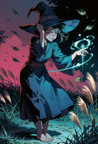 Masterpiece, A Full-body Young Witch Stands At Night With He... — Stable Diffusion AI Prompt: masterpiece, A full-body young witch stands at night with her feet together, cau...