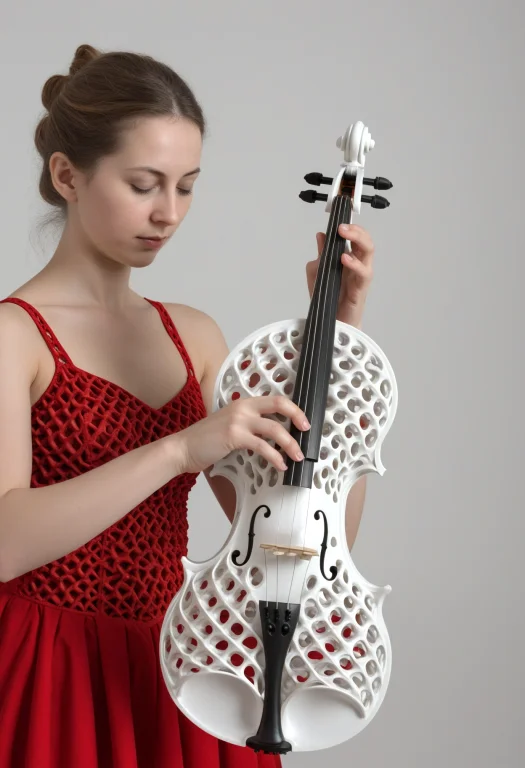 White Gyroid Violine Made Of Gyroid Lattice. A Woman In Red...