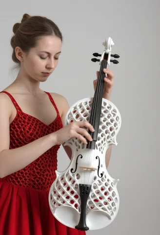 White Gyroid Violine Made Of Gyroid Lattice. A Woman In Red... — SDXL AI Prompt: white gyroid violine made of gyroid lattice. a woman in red dress is playing it....