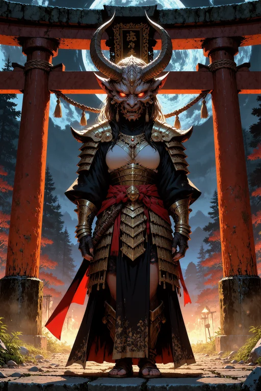 An Illustration Of An Oni Shrine Guardian With Curved Horns...