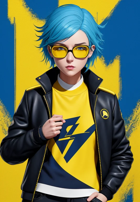 A Woman With Blue Hair And A Black Top And A Black Jacket An...