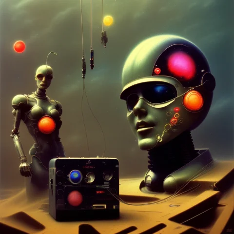 A Retrofuturistic Scene Of An Arcade Wired Mess On Synthesiz... — Stable Diffusion AI Prompt: A retrofuturistic scene of an arcade wired mess on synthesizer, mechanical delay...