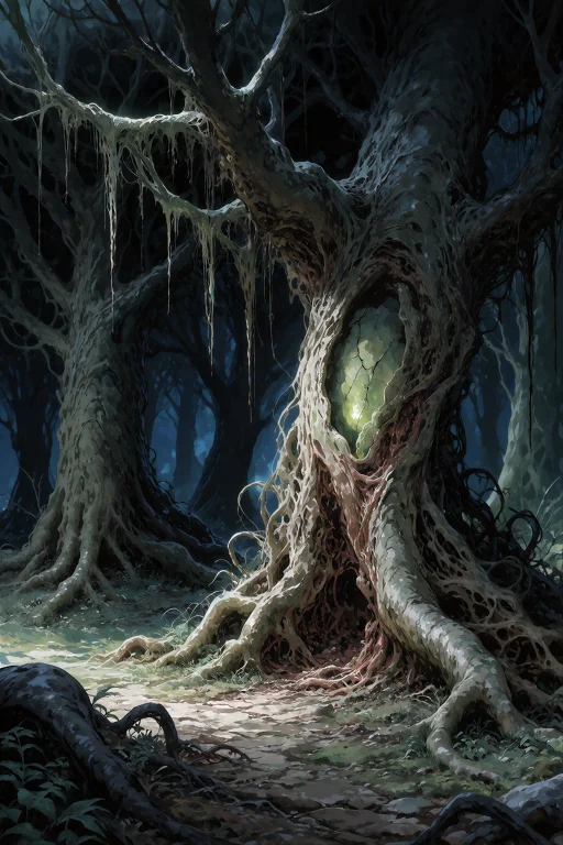 A Cursed Forest Clearing At Night, Anime Style Illustration,...