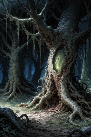 A Cursed Forest Clearing At Night, Anime Style Illustration,... — Stable Diffusion AI Prompt: A cursed forest clearing at night, anime style illustration, gnarled trees with...