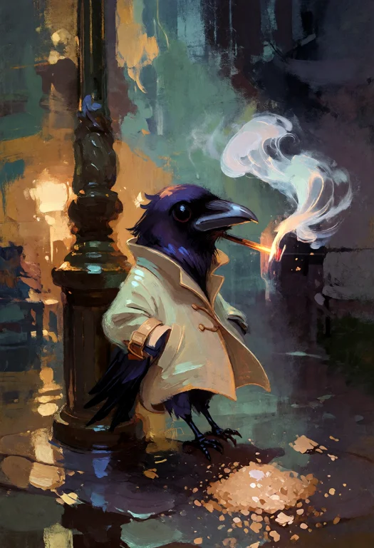 A Noir-toned Still Of A Tiny Chibi Raven In A Tiny Trench Co...