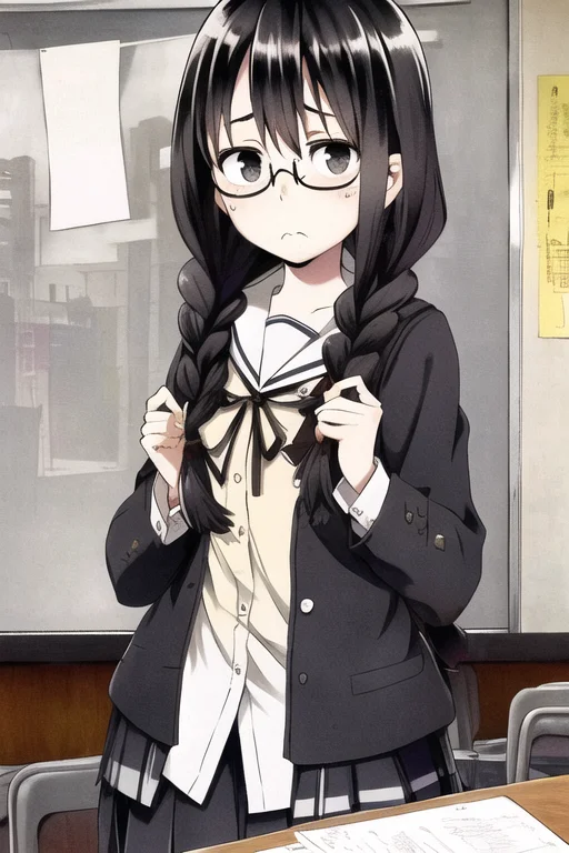 V277013, 1girl, Square Glasses, Black Glasses1.3, Black Hair...
