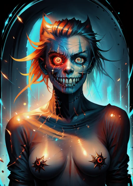 Decayed Zombie Woman, Glowing0.7 Ice Blue Eyes, Vivid Colors...