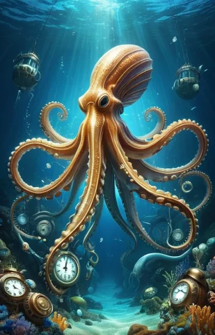 Clockstyle, Loraclockstyle-0000090.3 Giant Squid Underwater... — SDXL AI Prompt: clock_style, (giant squid underwater made of clocks:1.5), elaborate, (ultra rea...