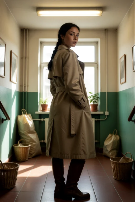 Tall Woman With A Dark Braid, Faint Freckles, Wearing A Tren...