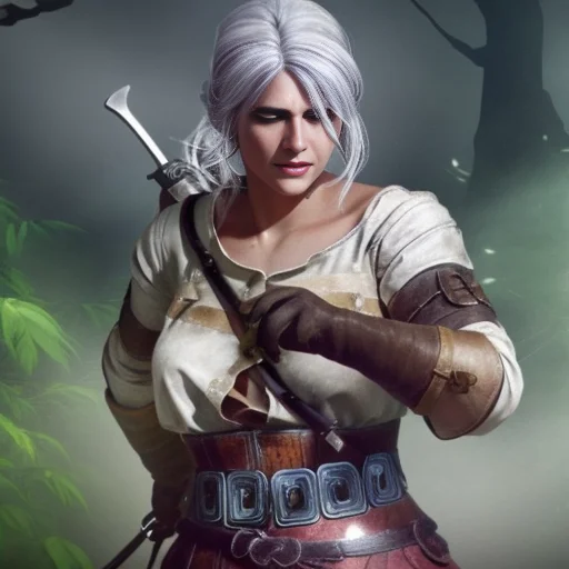 A Photo Of A Sks Woman With White Hair, Readying Her Sword F...