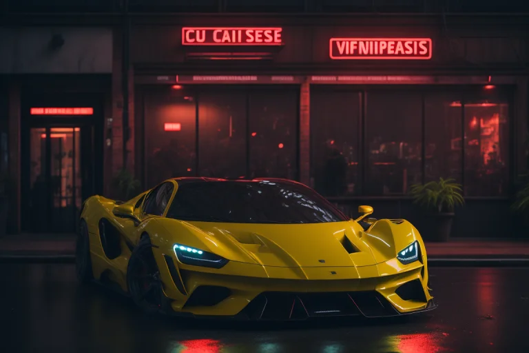 Close-up Photo Of A Yellow Sports Car On The Background Of A...