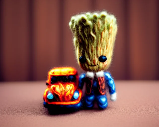 Miniwool Style Of Groot In A Car, Made Of Wool, Product Phot...