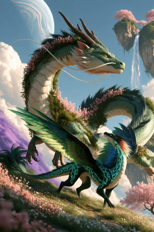 Midjourney A Towering, Serpentine Green Dragon Stands On A G...