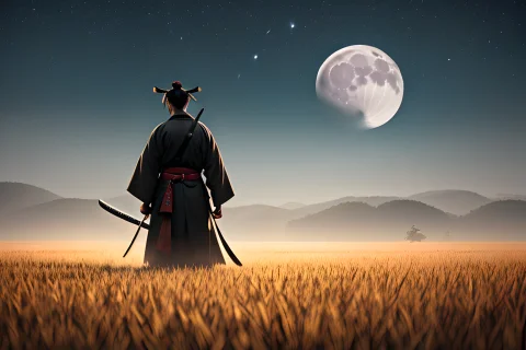 Handsome Male Samurai, Katana, Kimono, Open Field, Night, Mo... — Stable Diffusion AI Prompt: handsome male samurai, katana, kimono, open field, night, moon, rule of thirds,...