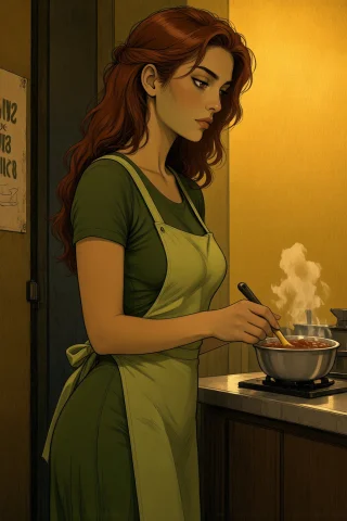 Tiana In Her Restaurant Kitchen Under Golden Light, Apron On... — Stable Diffusion AI Prompt: Tiana in her restaurant kitchen under golden light, apron on over her green dres...