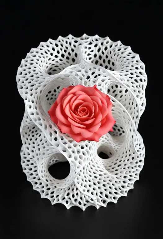 A Rose Floating Against A Black Background, Gyroid, Lattice...