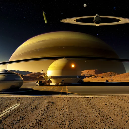 Landscape, Starship Landed In The Desert, Big Planet Saturn,...