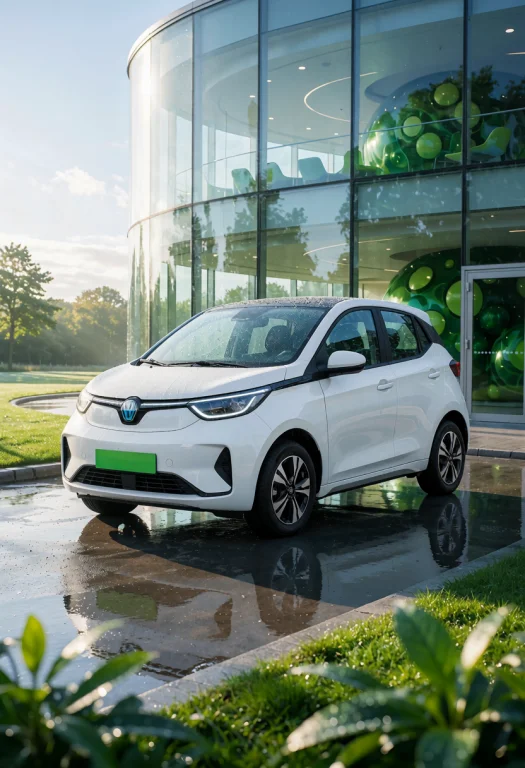 Frutiger Aero, A Sleek White Electric Car Parked On A Wet Re...