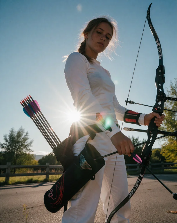 Low-angle Shot Of A Young Female Archer Looking Down With A...