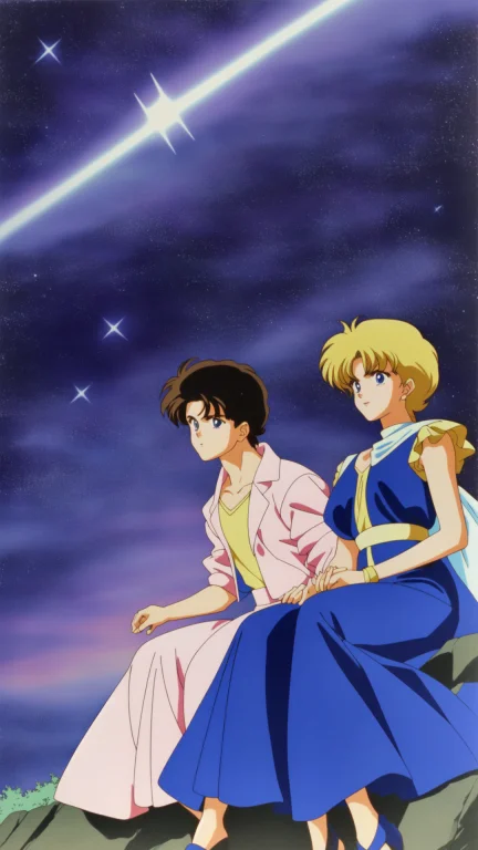 1980s Style, 80s Anime Style, Meteor Shower In A Starry Sky,...
