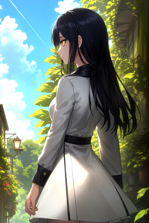 Skistyle, 1girl, Long Hair, Solo, Dress, Black Hair, Cloud,...