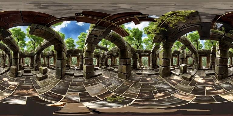 360 Degree Panoramic View Ancient Ruins In A Dark Forest Ope...