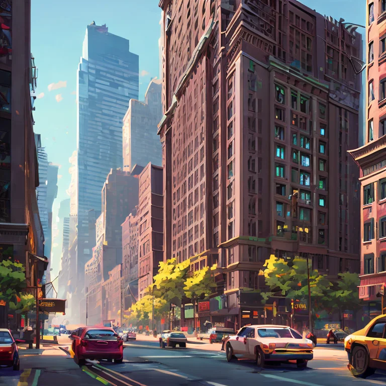 An Apartment Building In Downtown Newyork With A Busy Street...