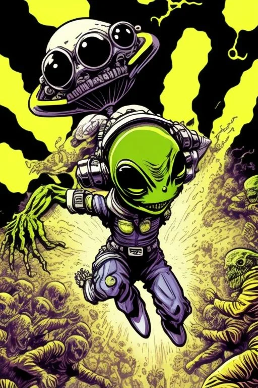 Alien In Action In Front Of Zombies Crowd Chasing Him, Detai...