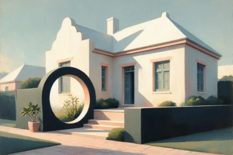 Abstract Bermudian House With Oriental Moon-gate — Stable Diffusion AI Prompt: Abstract Bermudian house with Oriental moon-gate