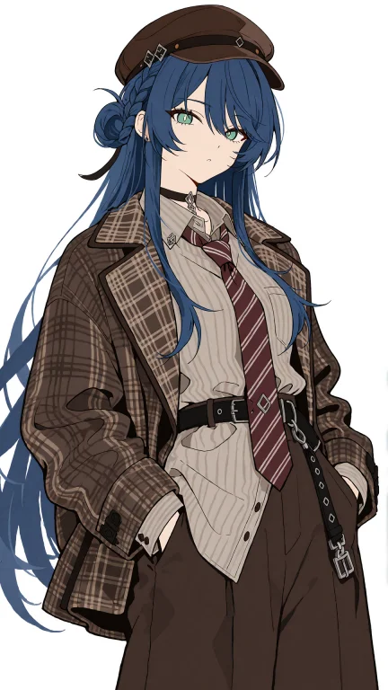 1girl, Solo, Royal Blue Hair, Green Eyes, Braided Bangs, Asy...