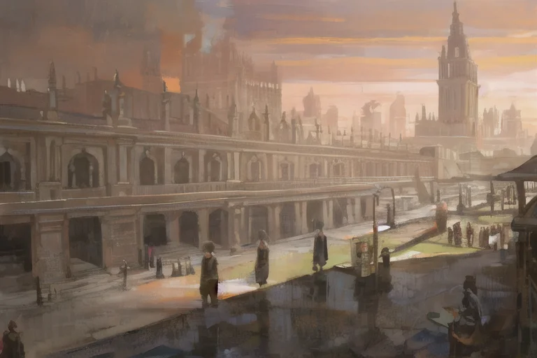 A Painting Of A City With A Lot Of People And Buildings In T...
