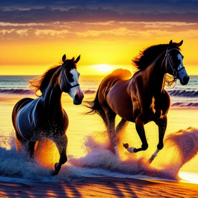 Beach, Horses Running, Sunset, Golden Hour, Beautiful Landsc...