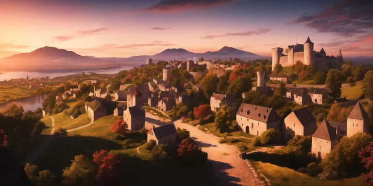 Photo Of A Medieval Village Surrounding A Castle On The Hill...