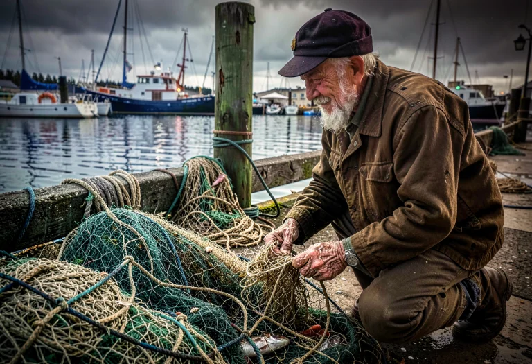 An Old Fisherman Mending Nets At The Harbor, Portrait Photog...