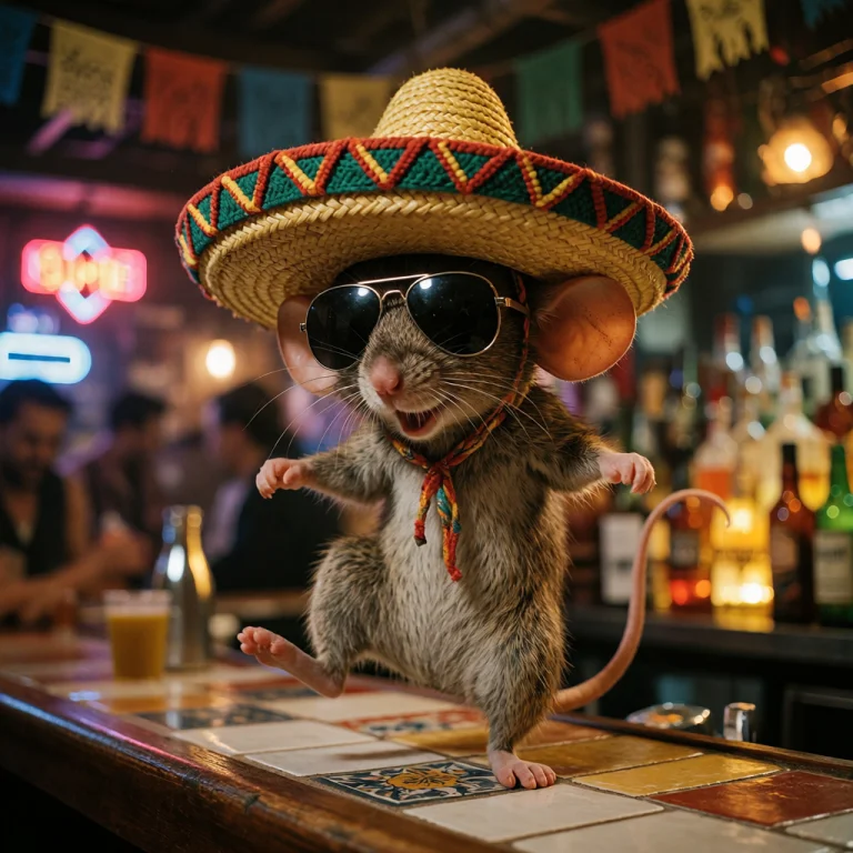Anthropomorphic Mouse In A Bright Yellow Sombrero And Black...