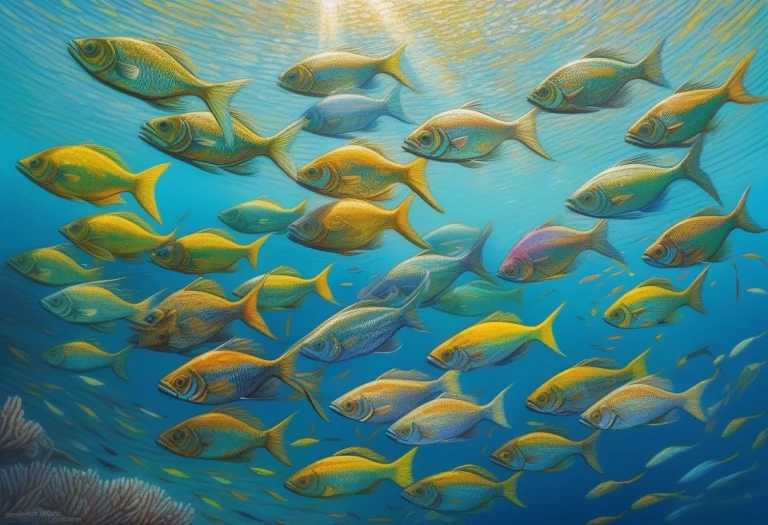 Best Quality, Highly Detailed, A School Of Fish Turning In B...