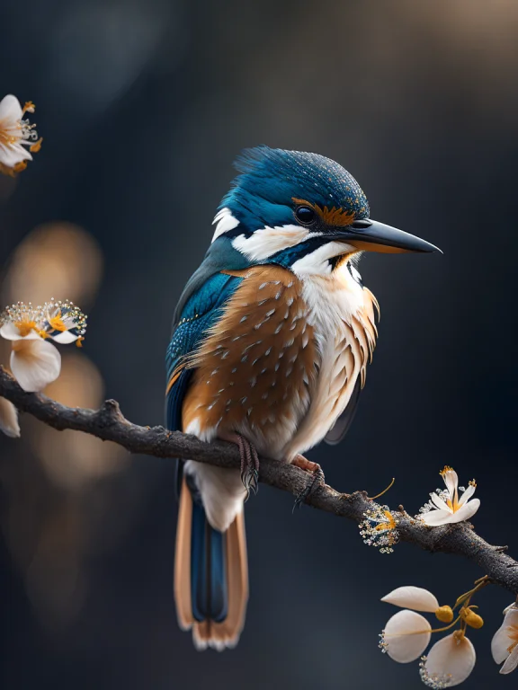Superb Kingfisher On A Branch Near Budding White Cherry Flow...